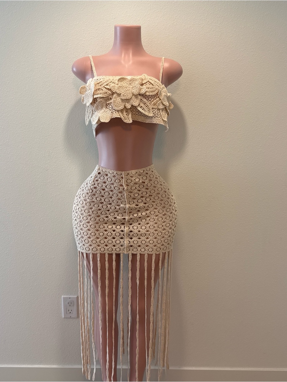 Boho Crochet Fringe Cream Set